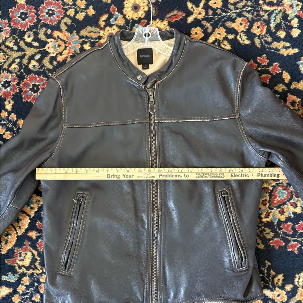 Vintage Brown Bomber Motto Leather Jacket Express Large Distressed Finish 90s. - Picture 7 of 16